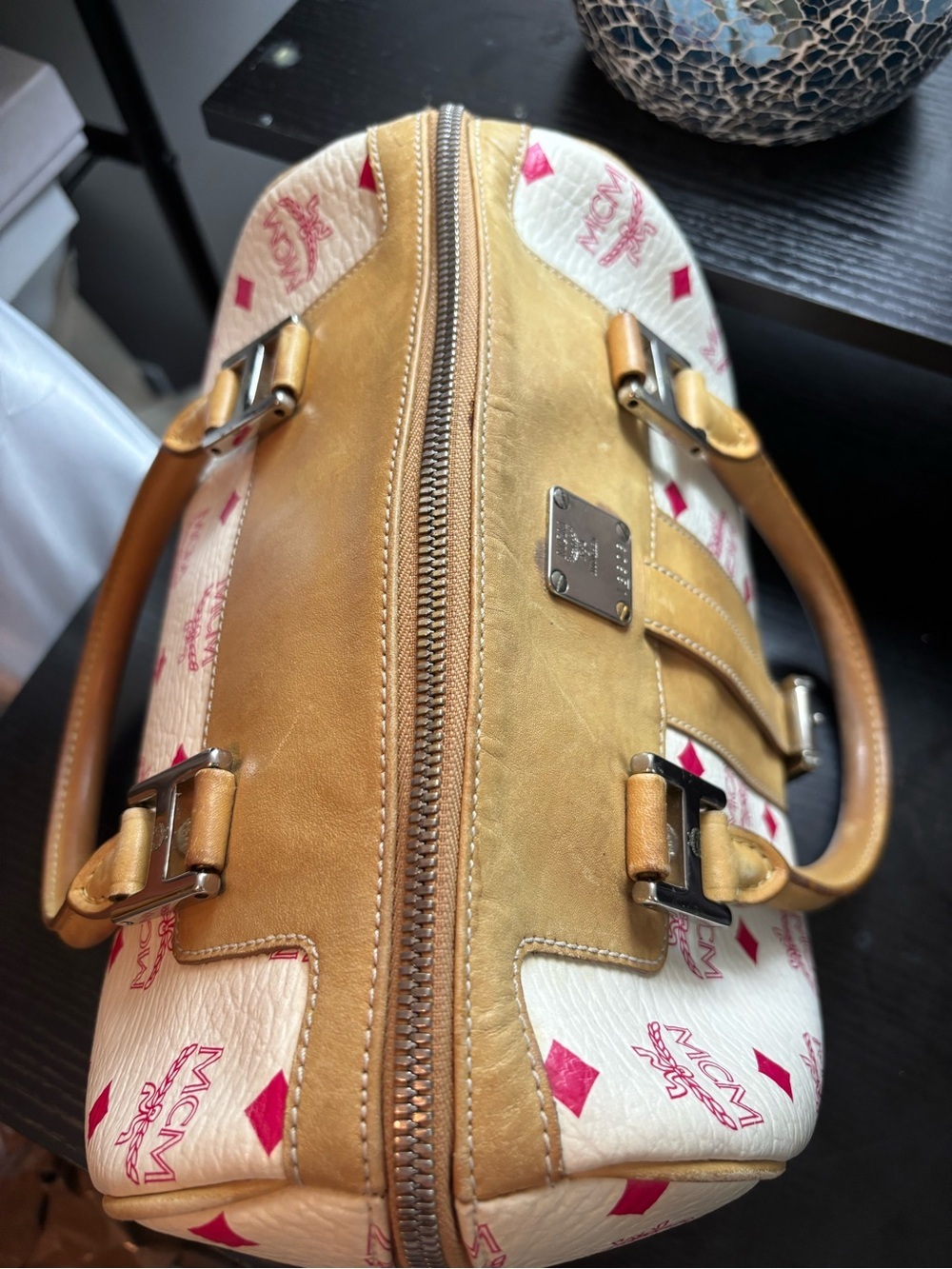 Authentic Vintage MCM Visetos Boston Bag Satchel – Limited Edition Cream & Pink - Picture 5 of 13